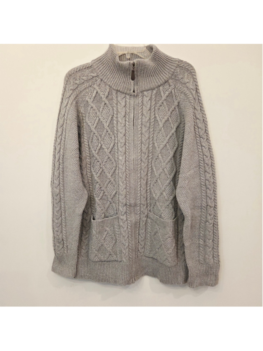 Women's Cable Knit Zip-Up Cardigan Sweater Grey Size Large